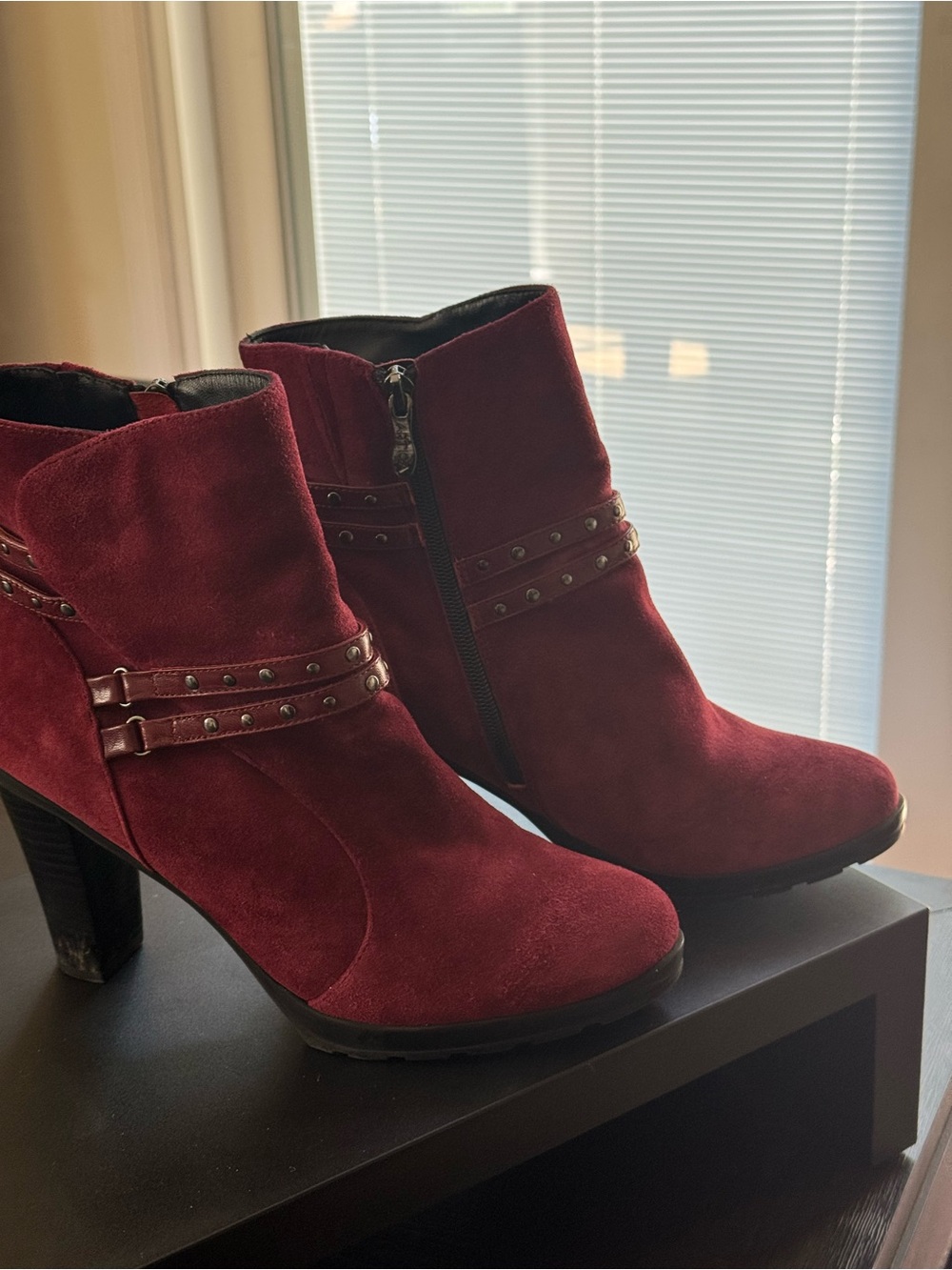 Women's Burgundy Suede Ankle Boots with Studded Straps